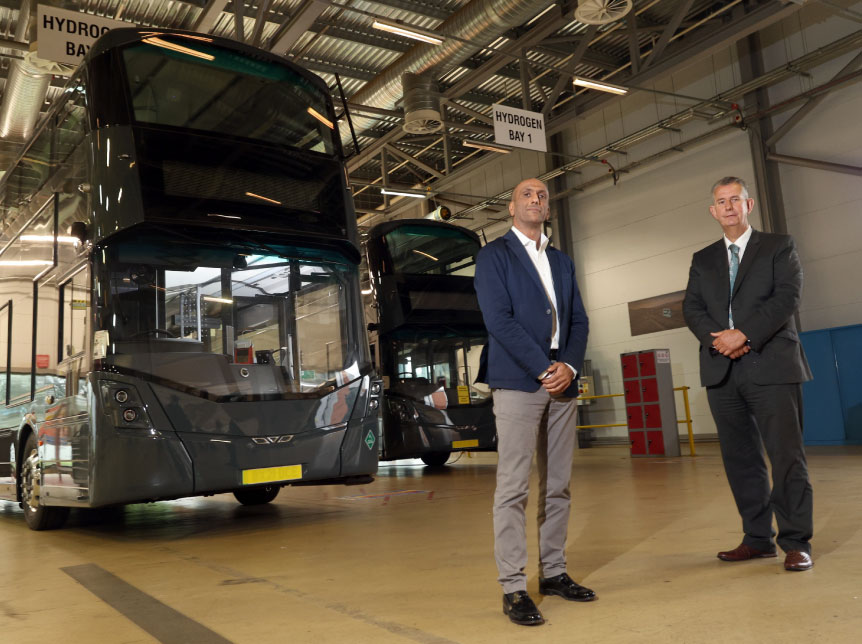 Minister Poots visits Wrightbus to discuss its plans for green hydrogen economy