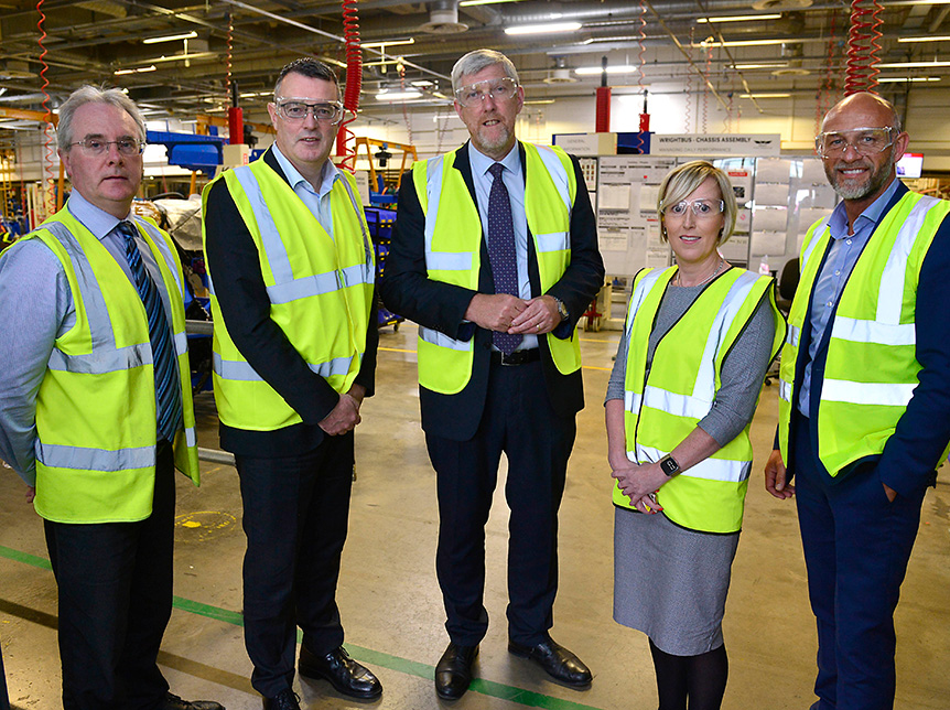 Infrastructure Minister John O’Dowd visits Wrightbus to hear about technologies used in delivering zero-emission buses 
