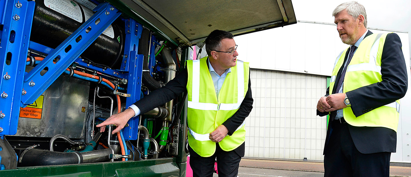 Infrastructure Minister John O’Dowd visits Wrightbus to hear about technologies used in delivering zero-emission buses 