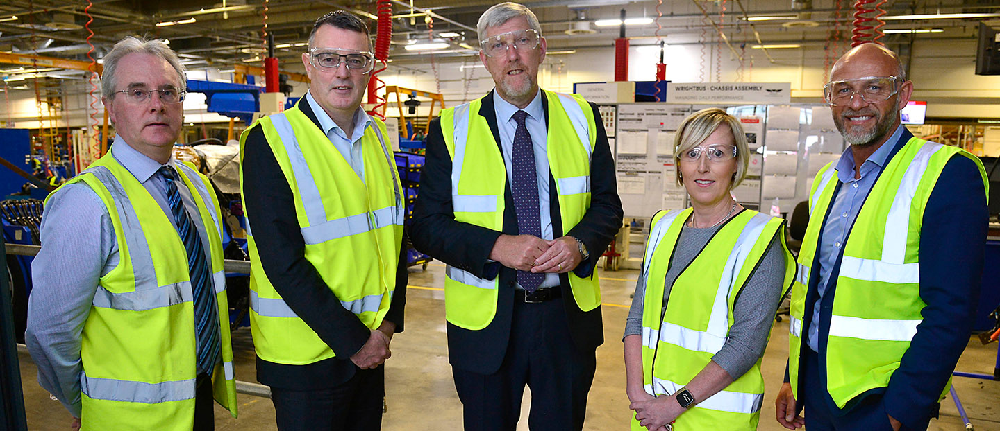 Infrastructure Minister John O’Dowd visits Wrightbus to hear about technologies used in delivering zero-emission buses 
