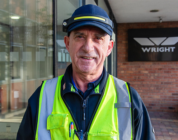 Photo of Norman Stephens outside Wrightbus