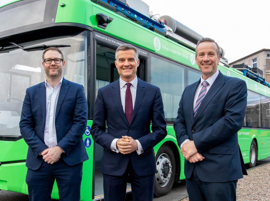 Secretary of State for Transport with Ian Gillot and Robert Best from Wrightbus
