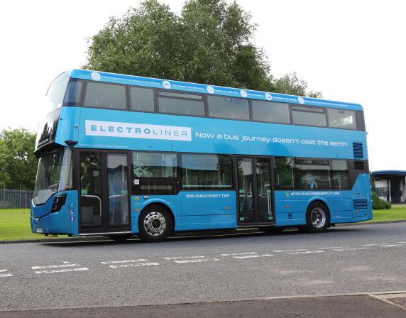 blue double deck bus, the bus is a battery electric bus called Electroliner
