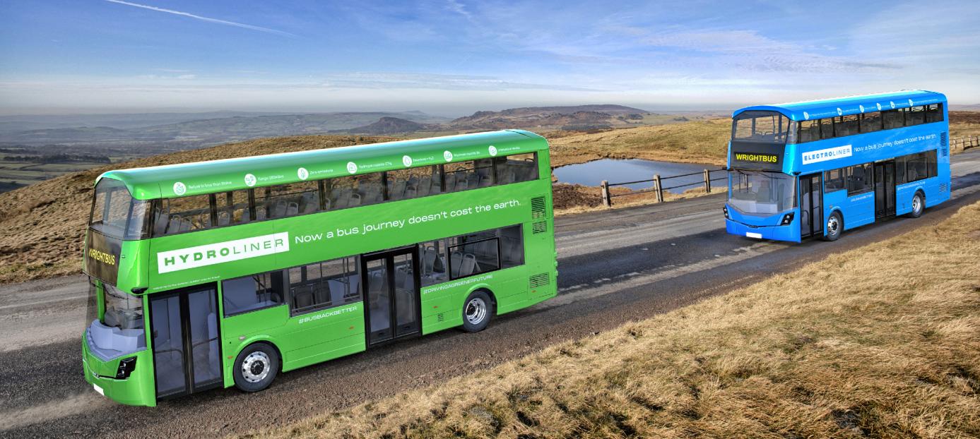 green and blue double decker buses driving along a country road