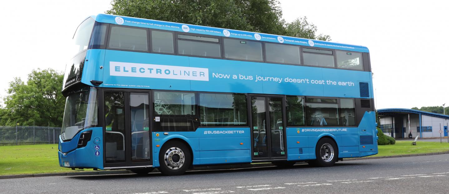 blue double deck bus, the bus is a battery electric bus called Electroliner