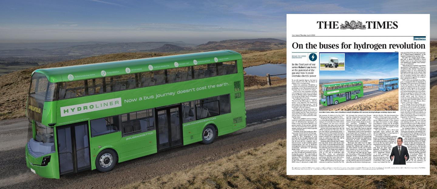 Hydrogen double deck bus image overlaid with article from The Times