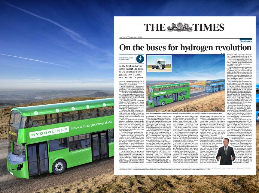 Hydrogen double deck bus image overlaid with article from The Times