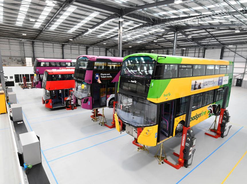 newpower factory line up of buses on production line