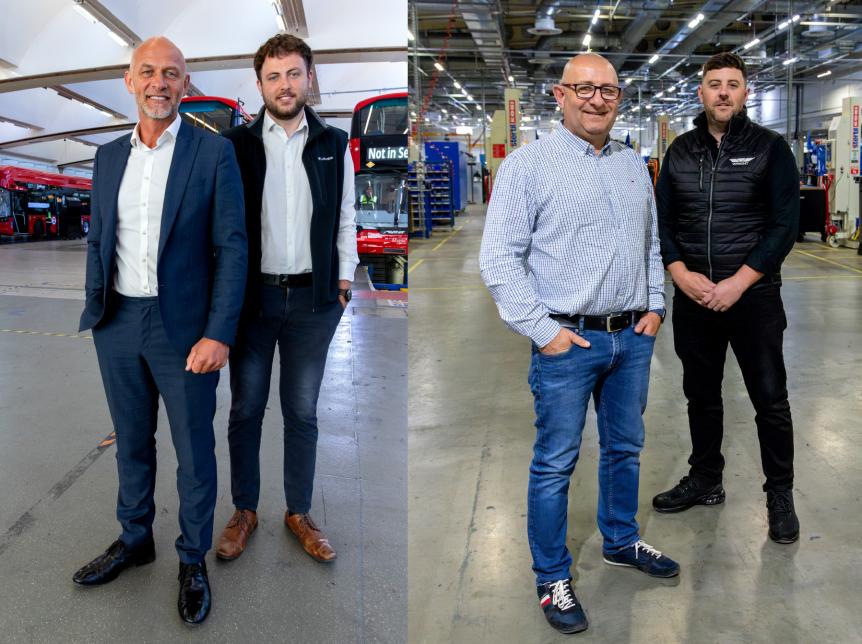 two images of men standing side by side in a bus factory