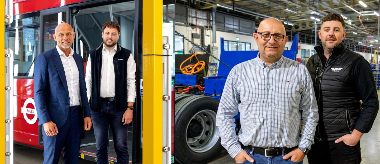 two images of men standing side by side in a bus factory