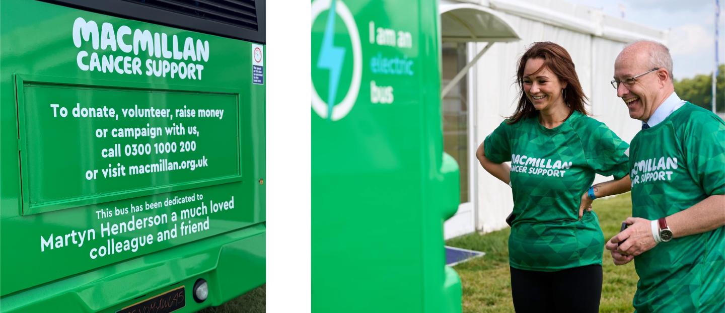 2 photos side by side. left side shows a Macmillan Cancer research message on the back panel of a green bus, the right side shows a man and a woman looking at the panel smiling and laughing