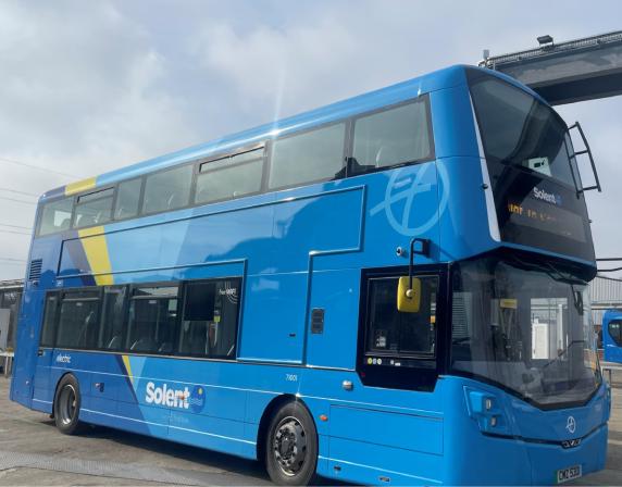 blue double deck repowered bus from First Bus Solent