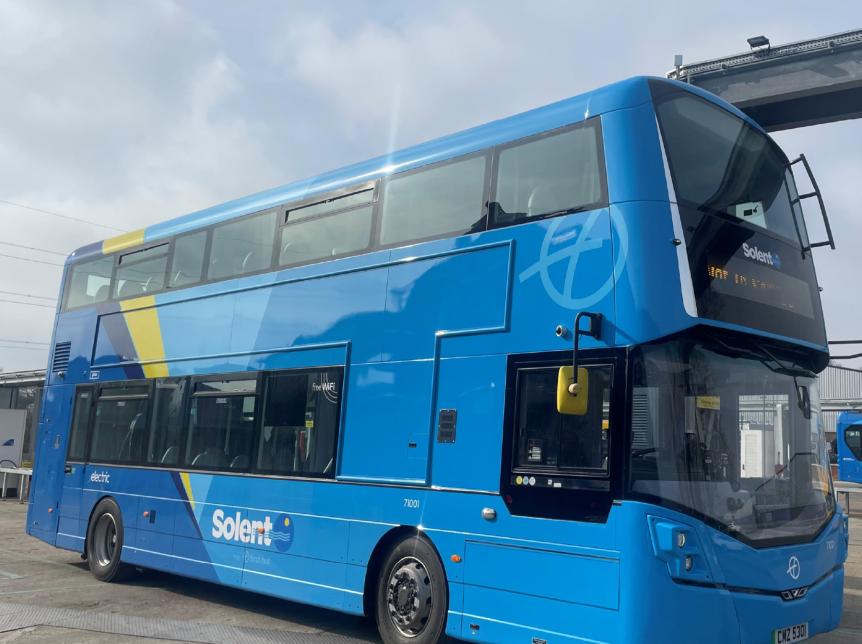 blue double deck repowered bus from First Bus Solent