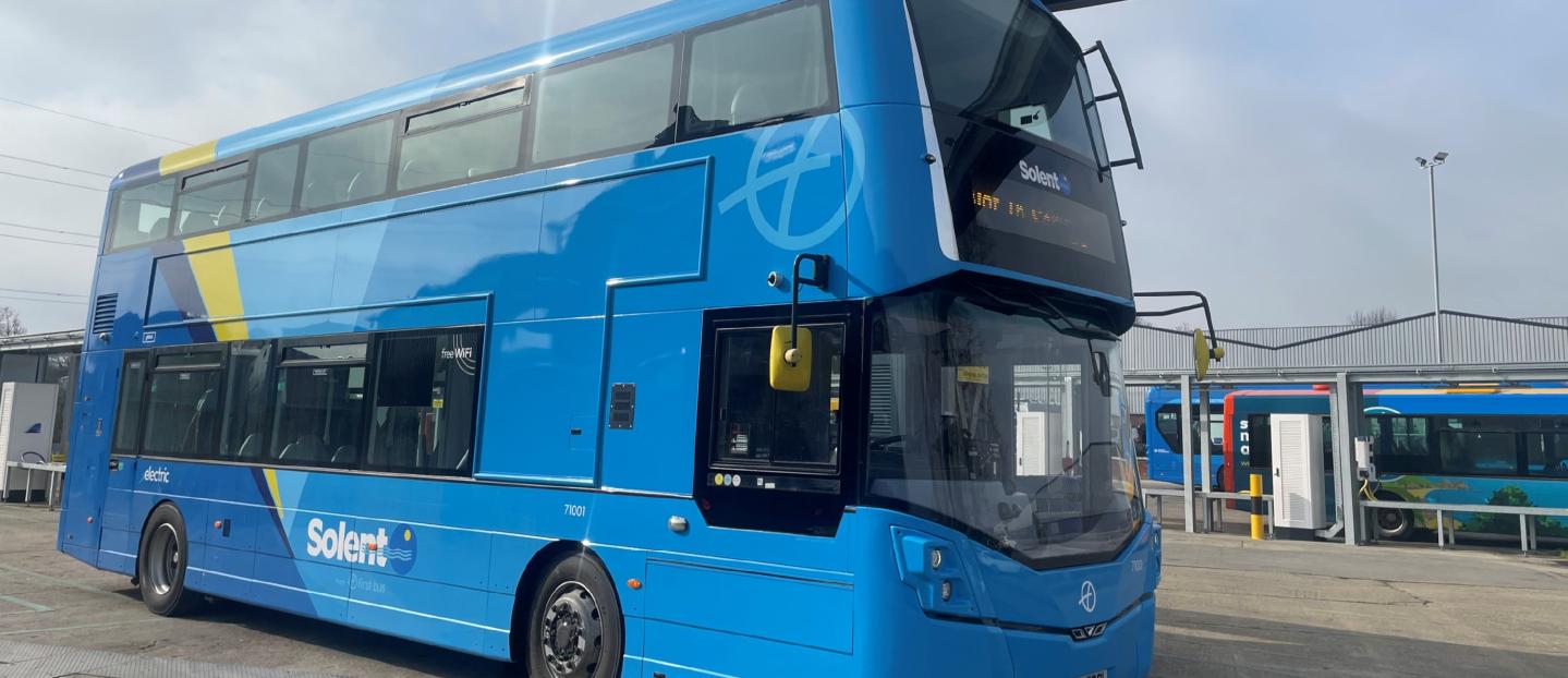 blue double deck repowered bus from First Bus Solent