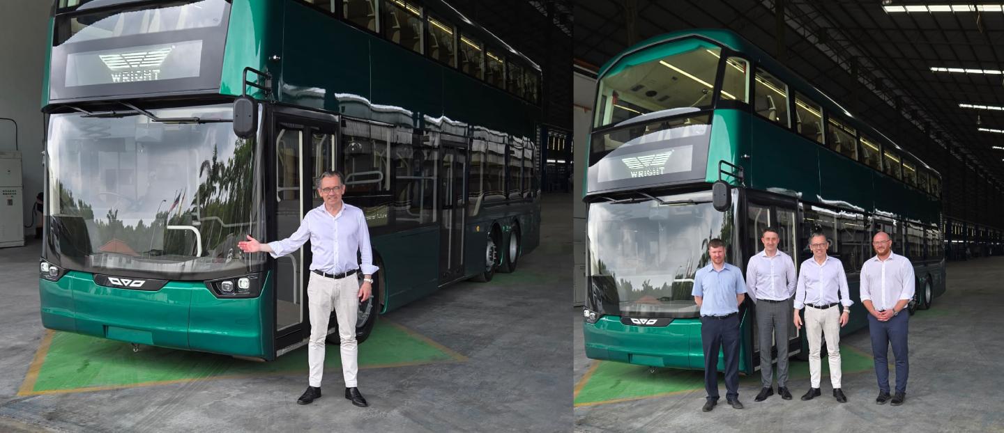 Photo montage. image on the left shows Jean-Marc Gales standing beside a double deck bus. the right hand side shows Jean-Marc Gales and a group of me beside the same double deck bus, smiling at the camera. the bus in both images is dark green