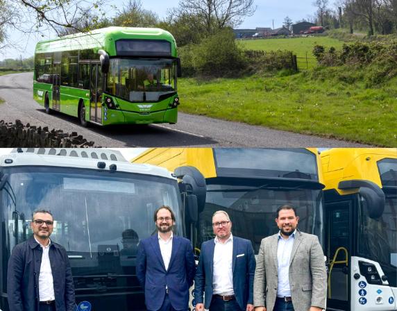 Photo collage. Top image a green single deck hydrogen bus driving in the countryside. bottom image a group of men standing in front of three buses smiling at the camera