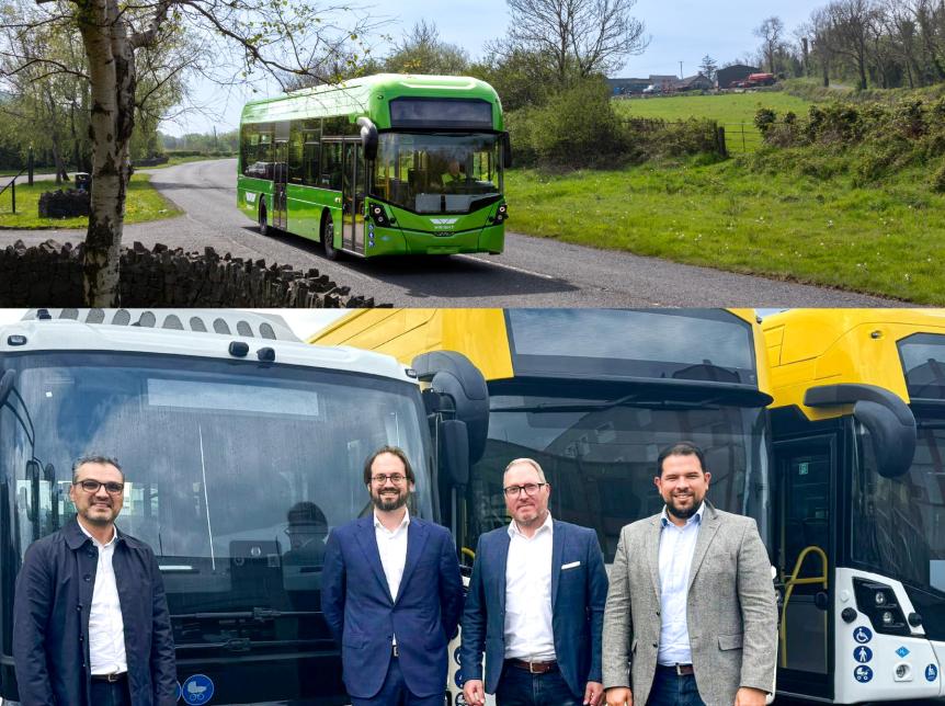 Photo collage. Top image a green single deck hydrogen bus driving in the countryside. bottom image a group of men standing in front of three buses smiling at the camera