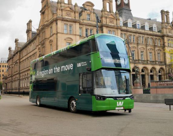 green double deck electric bus for West Yorkshire combined authority 