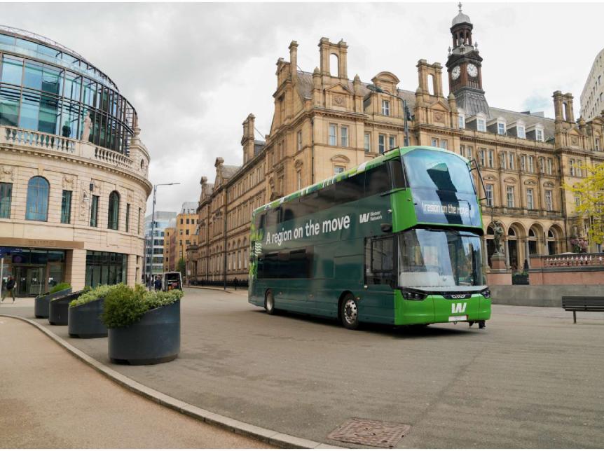 green double deck electric bus for West Yorkshire combined authority 