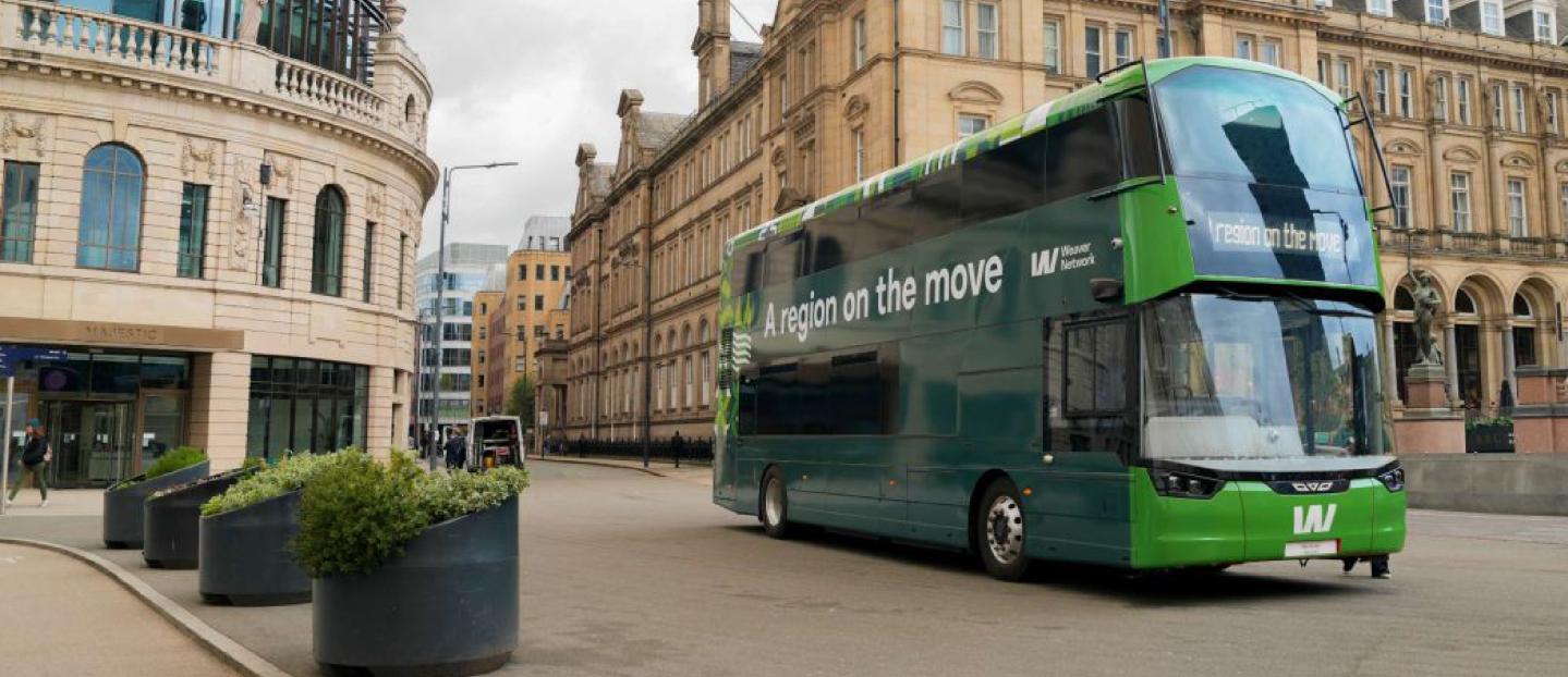 green double deck electric bus for West Yorkshire combined authority 