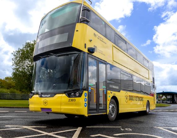 yellow bee network double deck EV bus