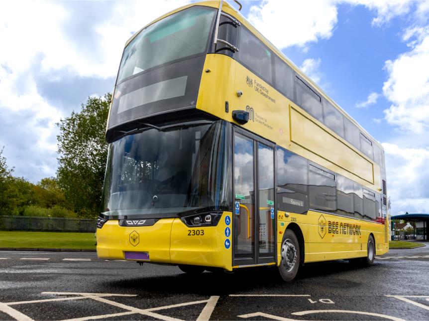 yellow bee network double deck EV bus