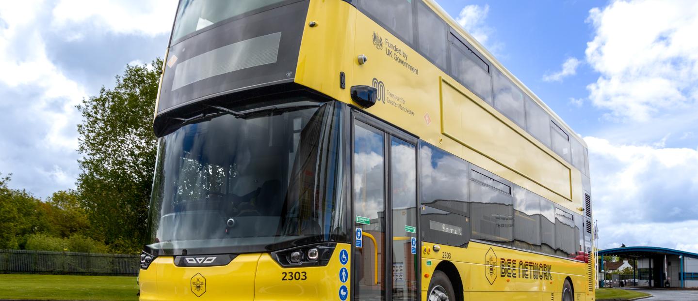 yellow bee network double deck EV bus