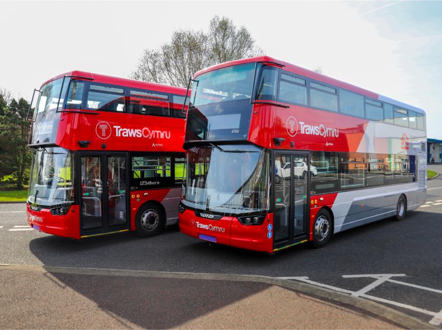 two Wrightbus double deck buses with TrawsCymru liveries. the buses are parked side by side