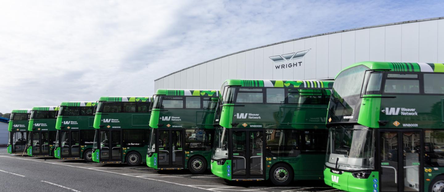 West Yorkshire Weaver Network buses lined up outside Wrightbus factory